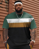 Men's Large Size Contrast Striped Patchwork T-shirt & Shorts Set
